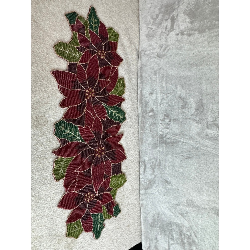 Hand Beaded Poinsettia‎ Christmas Table Runner Red Green Floral Holiday 34 Inch